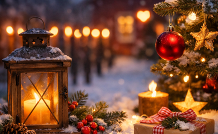 Et juletre og en lysestake tent i snøen