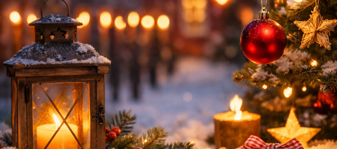 Et juletre og en lysestake tent i snøen