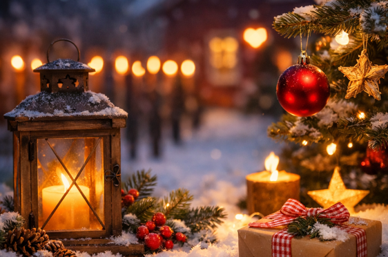 Et juletre og en lysestake tent i snøen