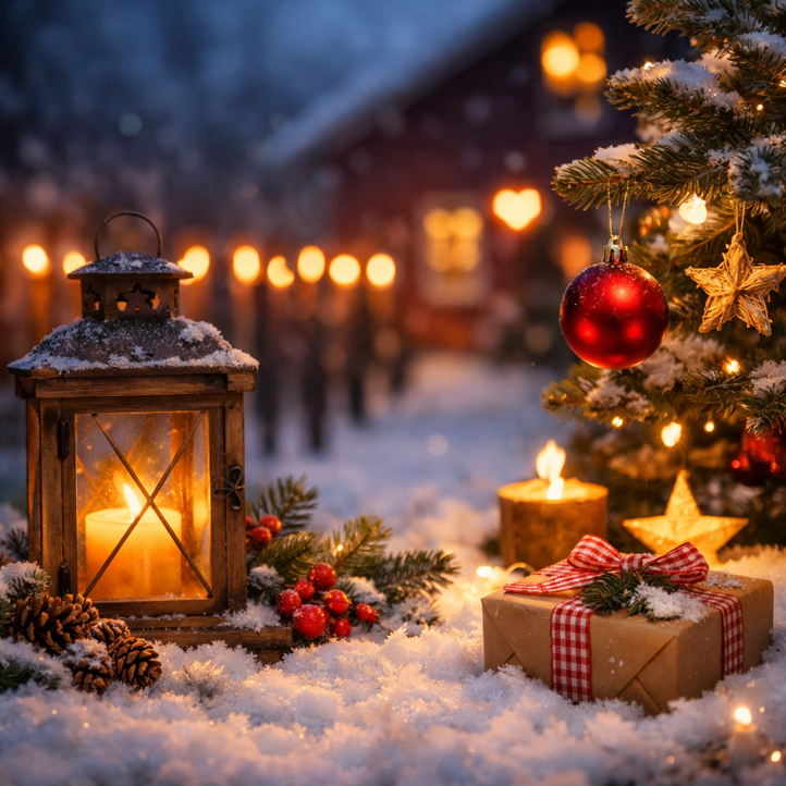 Et juletre og en lysestake tent i snøen